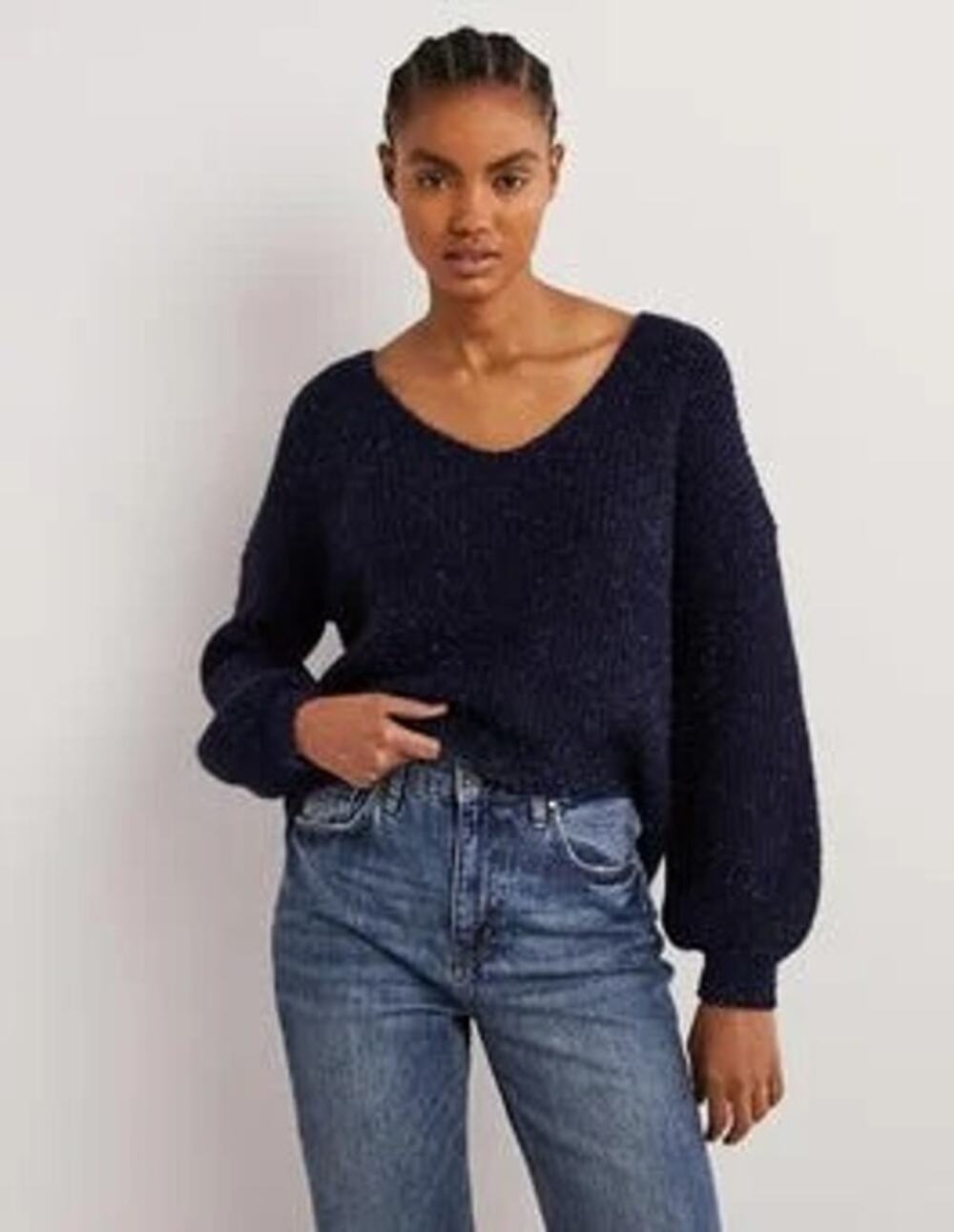NEW Boden Navy Sparkle Ribbed V-neck Fluffy Bubble Sleeves Cozy Sweater 12